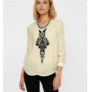 Trina Turk Silk Ivory Shirt Black Beaded Sequin Long Sleeve Blouse Size Small